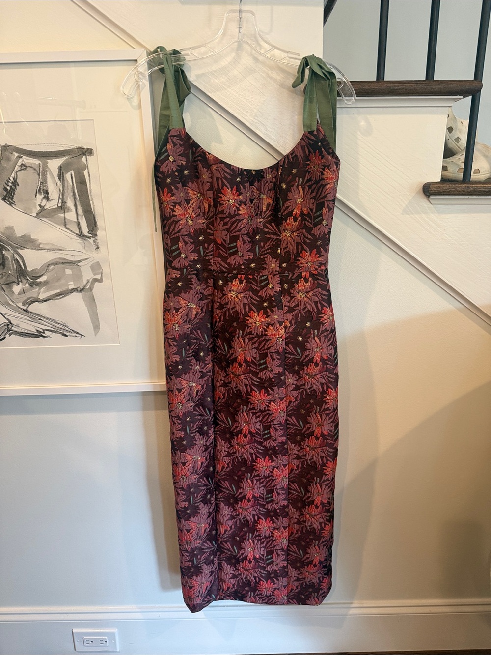 Markarian Burgundy Floral Midi Dress with Green Tie Straps